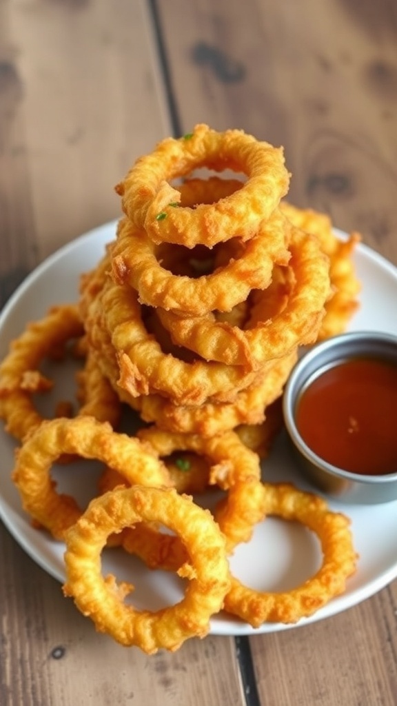 Crispy Zero Carb Onion Rings Recipe Crispy zero carb onion rings served with dipping sauce on a rustic wooden table.